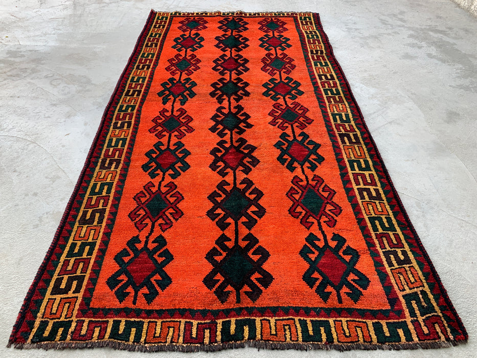 KBHM-1157 Hand-Knotted Persian Wool Rug – 9'5" x 5'0" Orange, Green & Burgundy Tribal Geometric Area Rug