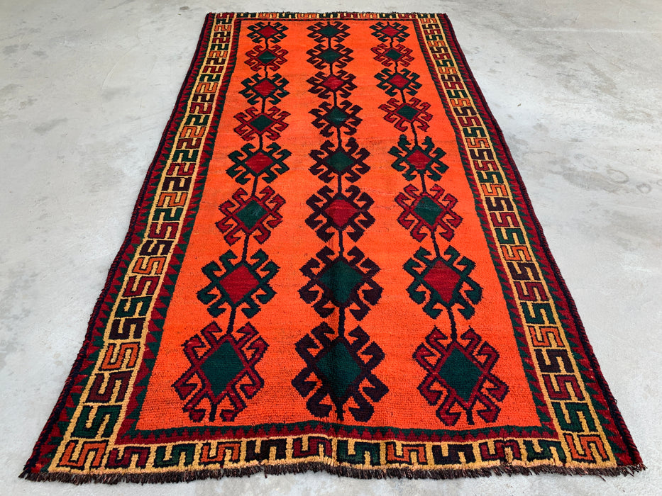 KBHM-1157 Hand-Knotted Persian Wool Rug – 9'5" x 5'0" Orange, Green & Burgundy Tribal Geometric Area Rug