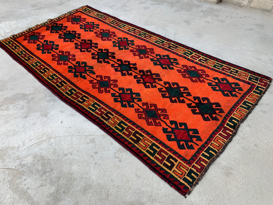 KBHM-1157 Hand-Knotted Persian Wool Rug – 9'5" x 5'0" Orange, Green & Burgundy Tribal Geometric Area Rug