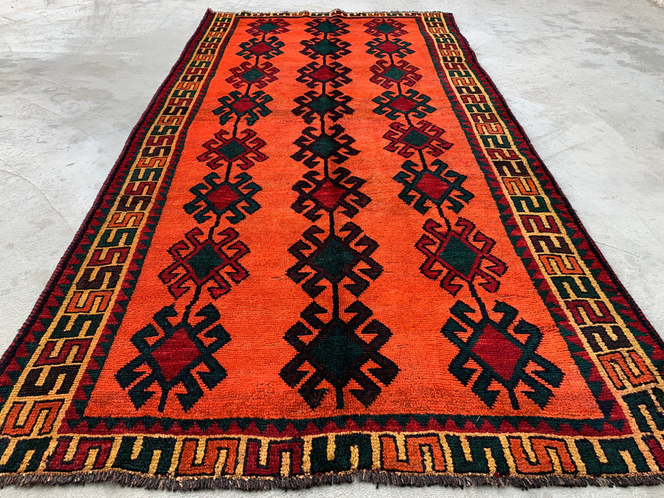 KBHM-1157 Hand-Knotted Persian Wool Rug – 9'5" x 5'0" Orange, Green & Burgundy Tribal Geometric Area Rug