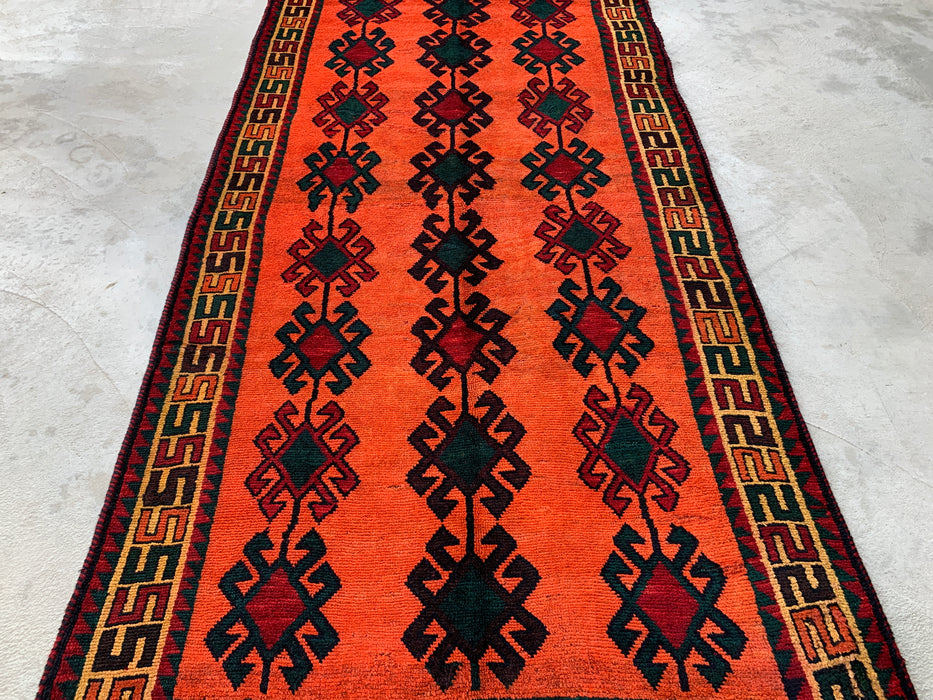 KBHM-1157 Hand-Knotted Persian Wool Rug – 9'5" x 5'0" Orange, Green & Burgundy Tribal Geometric Area Rug