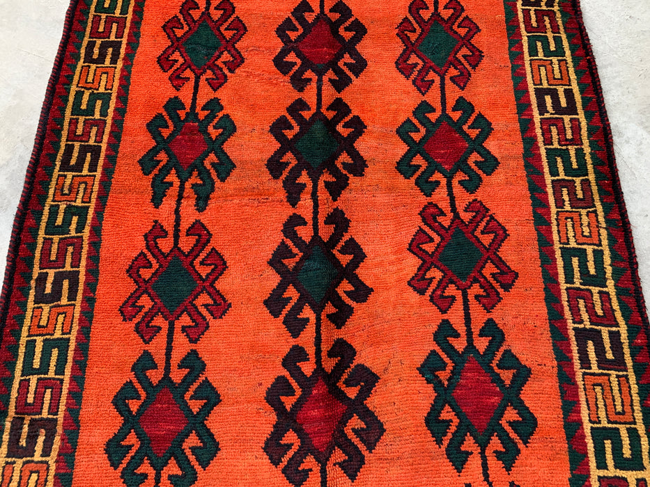 KBHM-1157 Hand-Knotted Persian Wool Rug – 9'5" x 5'0" Orange, Green & Burgundy Tribal Geometric Area Rug