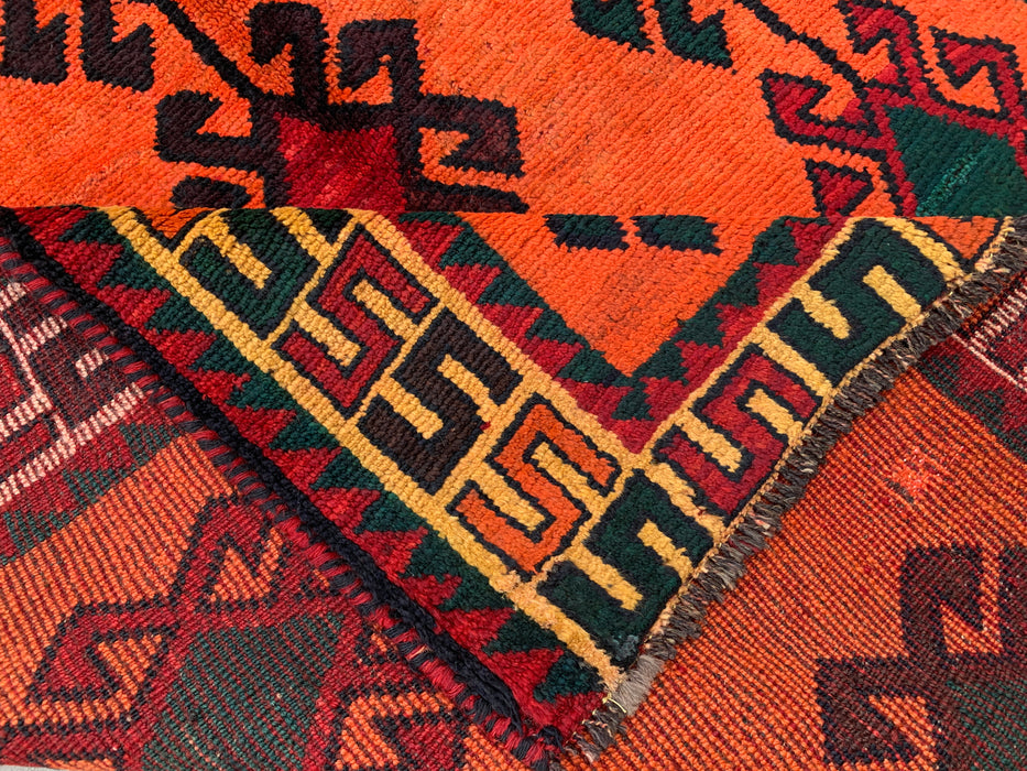 KBHM-1157 Hand-Knotted Persian Wool Rug – 9'5" x 5'0" Orange, Green & Burgundy Tribal Geometric Area Rug