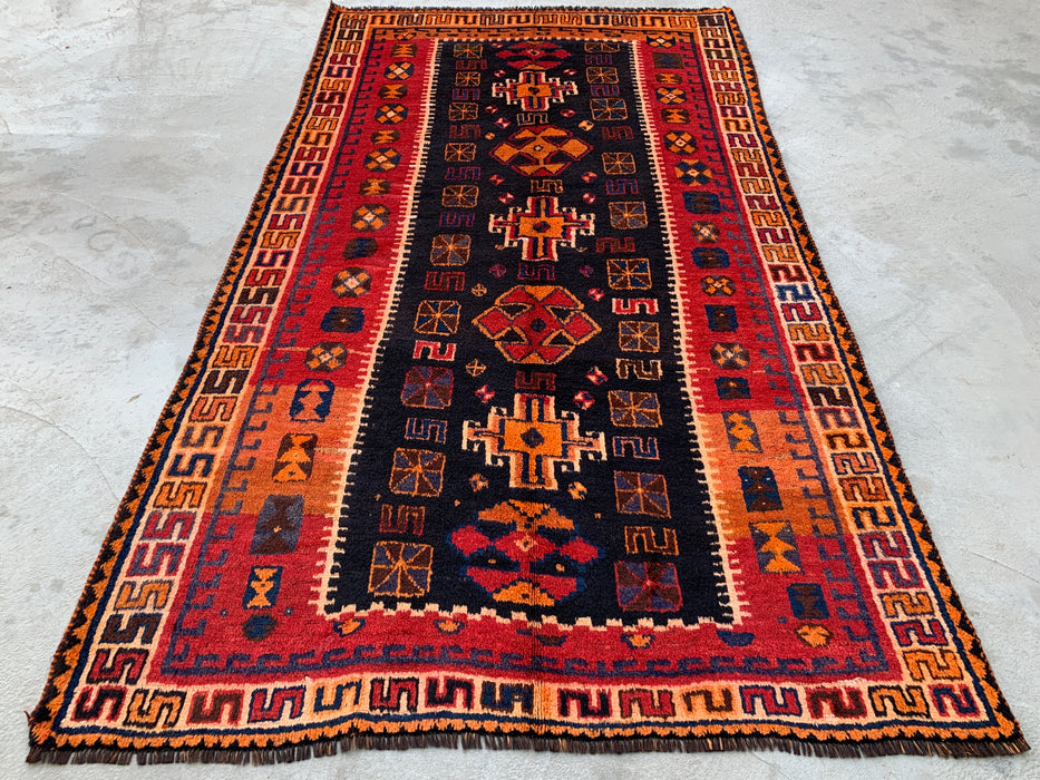 8'10 x 5'0 Hand-Knotted Persian Wool Rug in Orange, Navy & Red Tribal Geometric Design | KBHM-1158