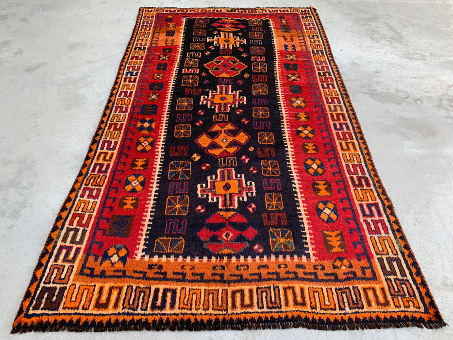 8'10 x 5'0 Hand-Knotted Persian Wool Rug in Orange, Navy & Red Tribal Geometric Design | KBHM-1158