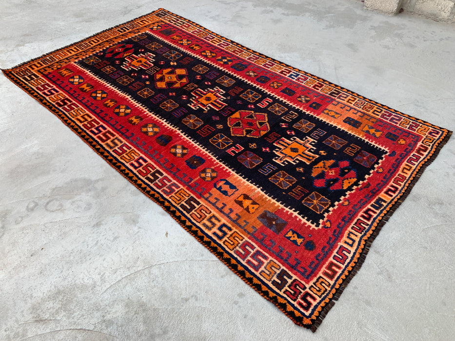 8'10 x 5'0 Hand-Knotted Persian Wool Rug in Orange, Navy & Red Tribal Geometric Design | KBHM-1158