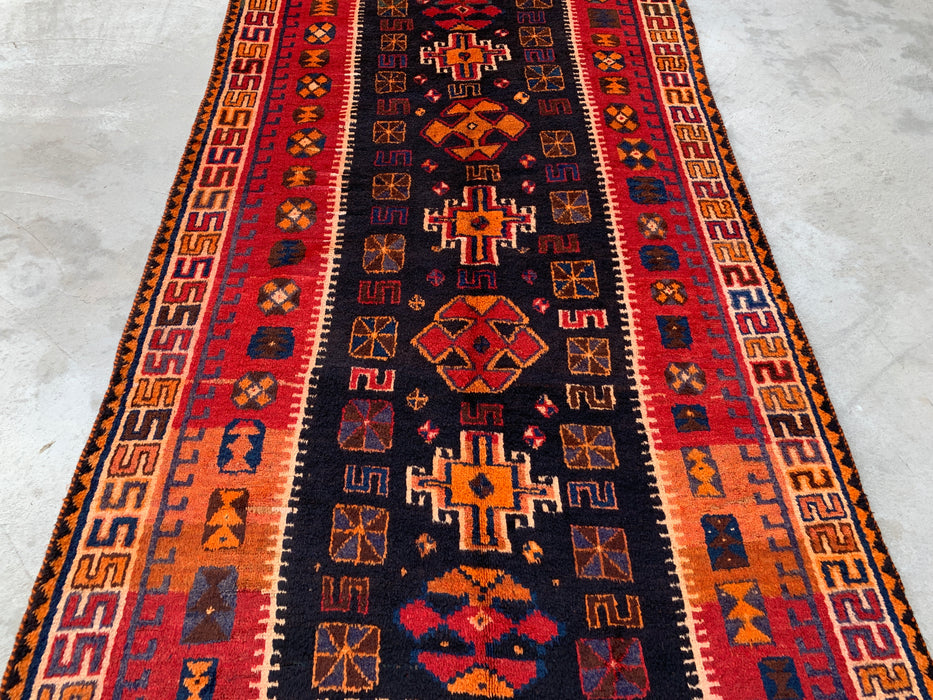 8'10 x 5'0 Hand-Knotted Persian Wool Rug in Orange, Navy & Red Tribal Geometric Design | KBHM-1158