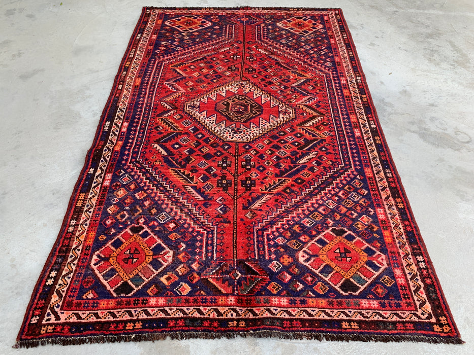 Hand-Knotted Persian Wool Rug – 8'1" x 4'11" Red & Navy Tribal Medallion Area Rug | KBHM-1162