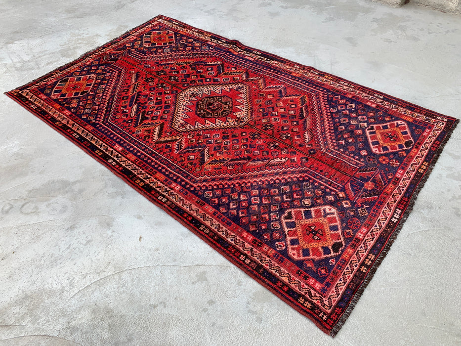 Hand-Knotted Persian Wool Rug – 8'1" x 4'11" Red & Navy Tribal Medallion Area Rug | KBHM-1162