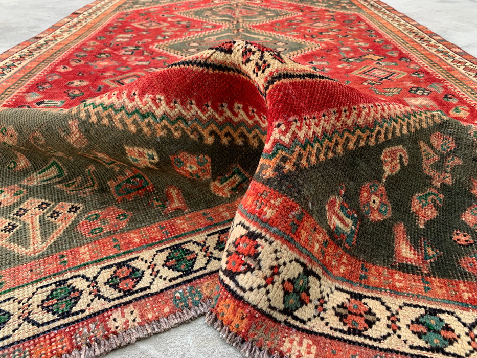 Vintage Hand-Knotted Persian Wool Rug 7'11" x 4'11" – Tribal Red / Olive Accent Rug – KBHM-1163