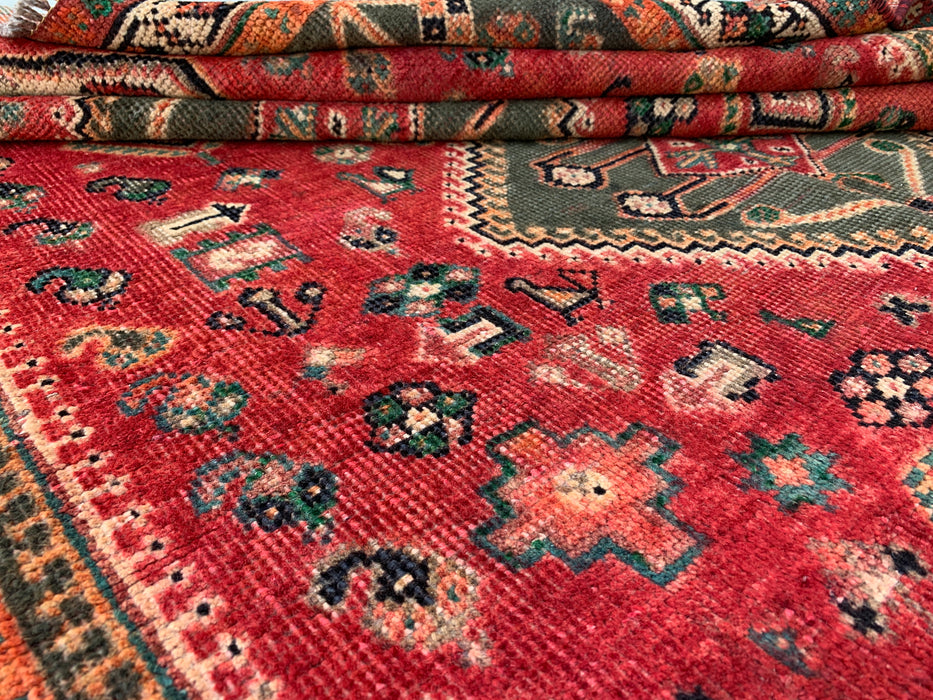 Vintage Hand-Knotted Persian Wool Rug 7'11" x 4'11" – Tribal Red / Olive Accent Rug – KBHM-1163