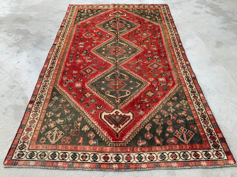 Vintage Hand-Knotted Persian Wool Rug 7'11" x 4'11" – Tribal Red / Olive Accent Rug – KBHM-1163