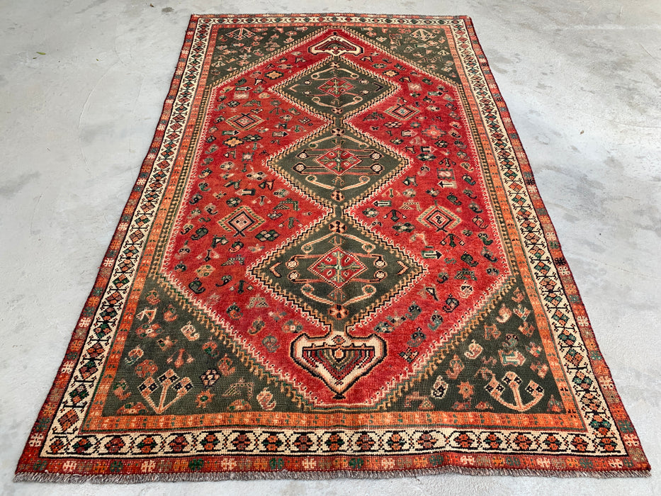 Vintage Hand-Knotted Persian Wool Rug 7'11" x 4'11" – Tribal Red / Olive Accent Rug – KBHM-1163