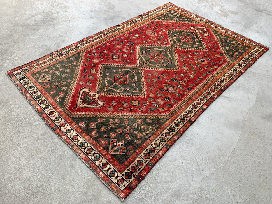 Vintage Hand-Knotted Persian Wool Rug 7'11" x 4'11" – Tribal Red / Olive Accent Rug – KBHM-1163