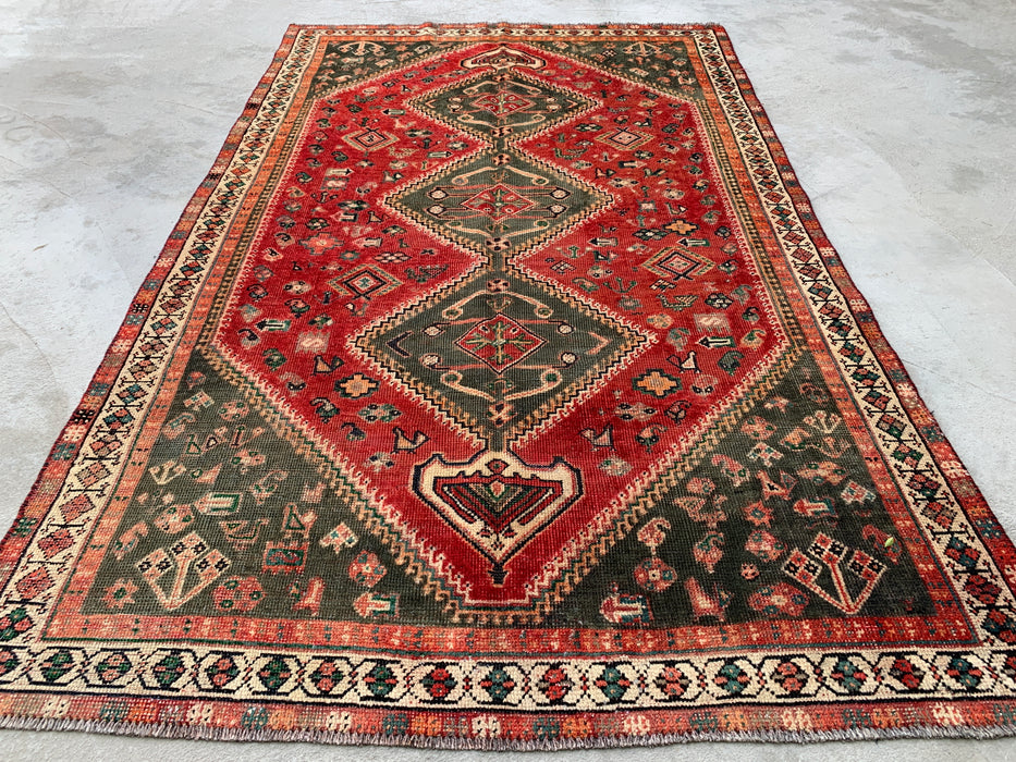 Vintage Hand-Knotted Persian Wool Rug 7'11" x 4'11" – Tribal Red / Olive Accent Rug – KBHM-1163