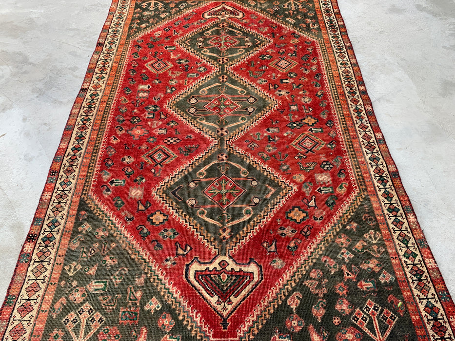 Vintage Hand-Knotted Persian Wool Rug 7'11" x 4'11" – Tribal Red / Olive Accent Rug – KBHM-1163