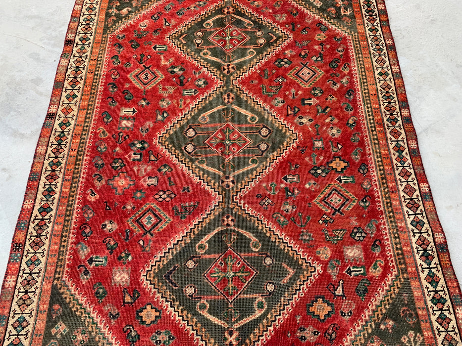 Vintage Hand-Knotted Persian Wool Rug 7'11" x 4'11" – Tribal Red / Olive Accent Rug – KBHM-1163