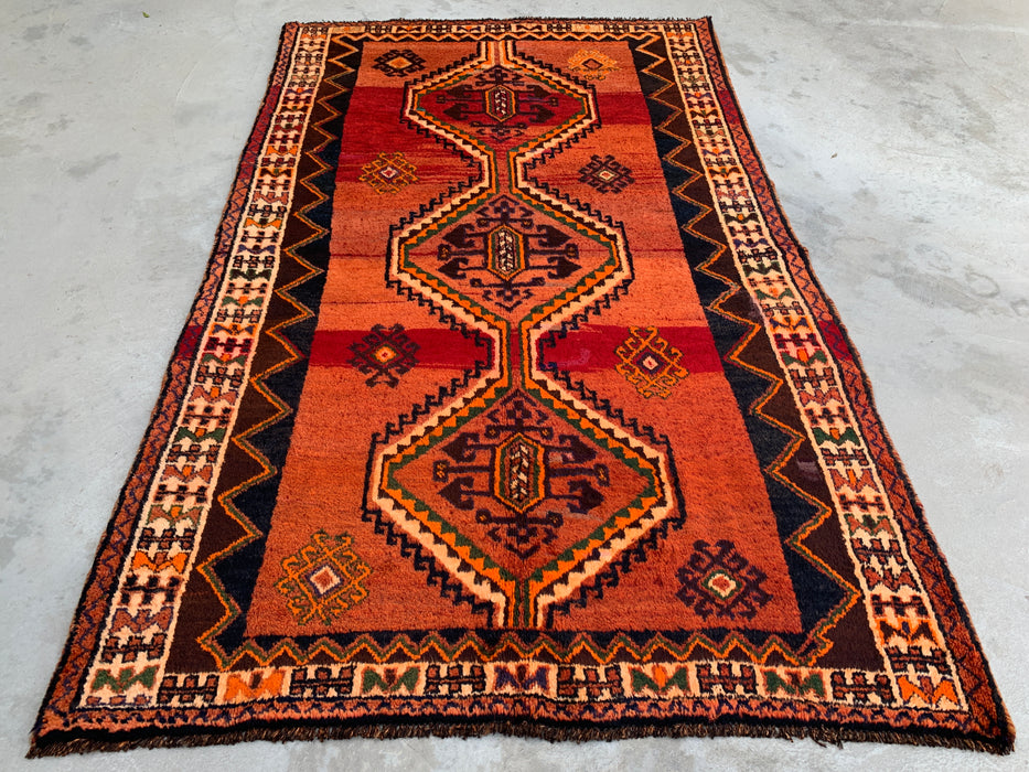 8'3 x 5'2 Hand-Knotted Persian Wool Rug in Rust, Peach, Brown & Ivory Tribal Geometric Design | KBHM-1167