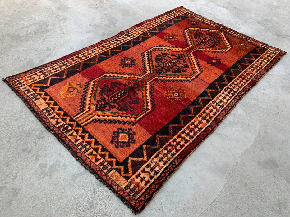 8'3 x 5'2 Hand-Knotted Persian Wool Rug in Rust, Peach, Brown & Ivory Tribal Geometric Design | KBHM-1167