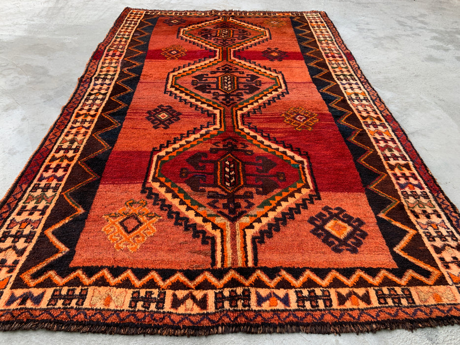 8'3 x 5'2 Hand-Knotted Persian Wool Rug in Rust, Peach, Brown & Ivory Tribal Geometric Design | KBHM-1167