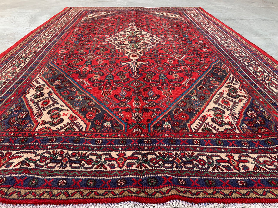 KBHM-1176 Hand-Knotted Persian Wool Rug – 10'3" x 6'8" – Red, Ivory & Navy Traditional Medallion Area Rug