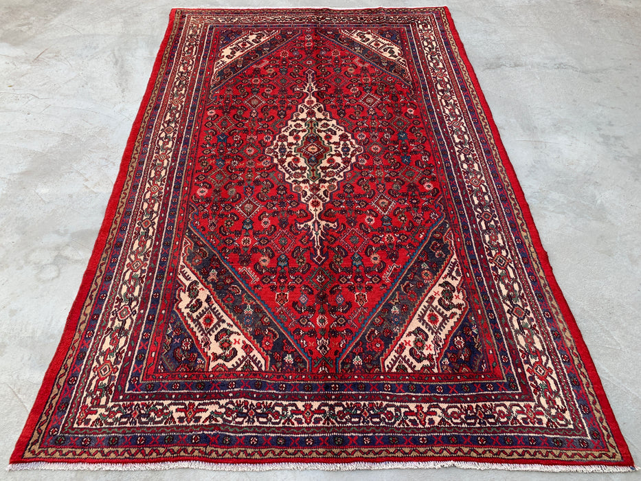 KBHM-1176 Hand-Knotted Persian Wool Rug – 10'3" x 6'8" – Red, Ivory & Navy Traditional Medallion Area Rug