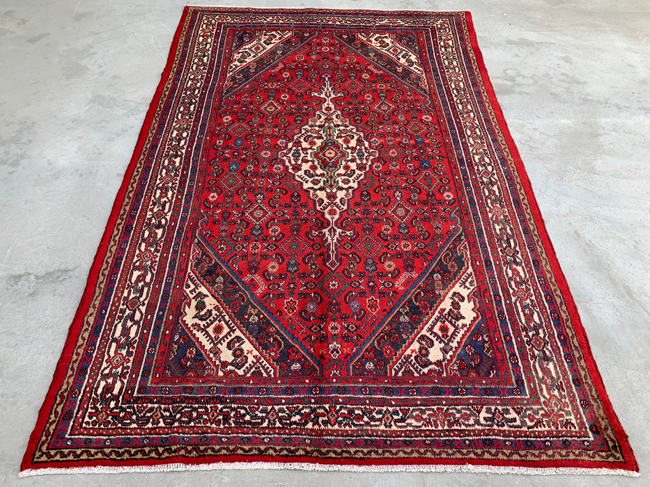 KBHM-1176 Hand-Knotted Persian Wool Rug – 10'3" x 6'8" – Red, Ivory & Navy Traditional Medallion Area Rug