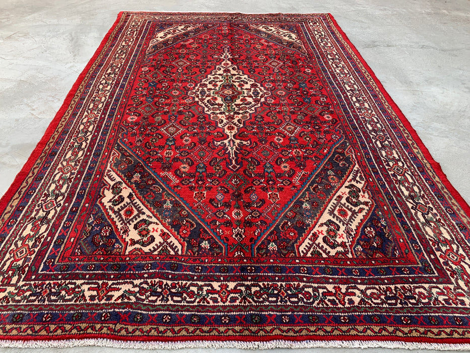 KBHM-1176 Hand-Knotted Persian Wool Rug – 10'3" x 6'8" – Red, Ivory & Navy Traditional Medallion Area Rug