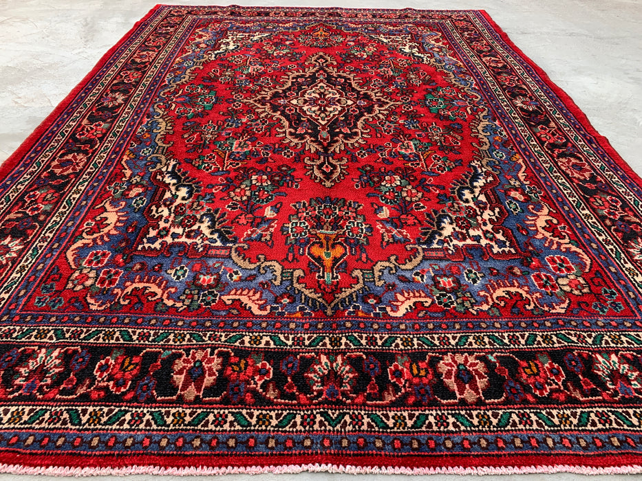Handmade Persian Wool Area Rug 7x10 - Red, Blue & Ivory Traditional Floral Persian Style Rug - Exact Size 10'2" x 7'0" - KBHM-1179