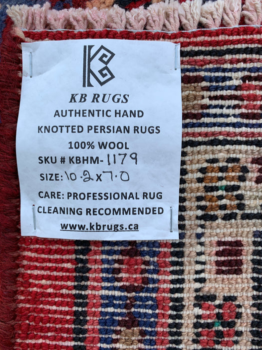Handmade Persian Wool Area Rug 7x10 - Red, Blue & Ivory Traditional Floral Persian Style Rug - Exact Size 10'2" x 7'0" - KBHM-1179