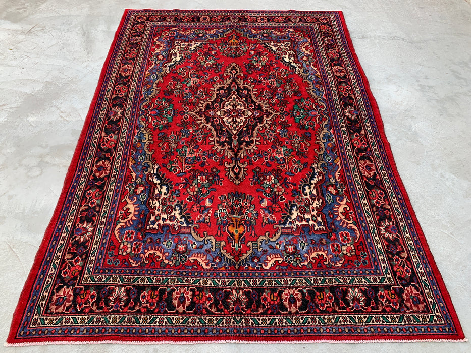 Handmade Persian Wool Area Rug 7x10 - Red, Blue & Ivory Traditional Floral Persian Style Rug - Exact Size 10'2" x 7'0" - KBHM-1179