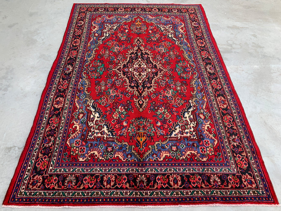 Handmade Persian Wool Area Rug 7x10 - Red, Blue & Ivory Traditional Floral Persian Style Rug - Exact Size 10'2" x 7'0" - KBHM-1179