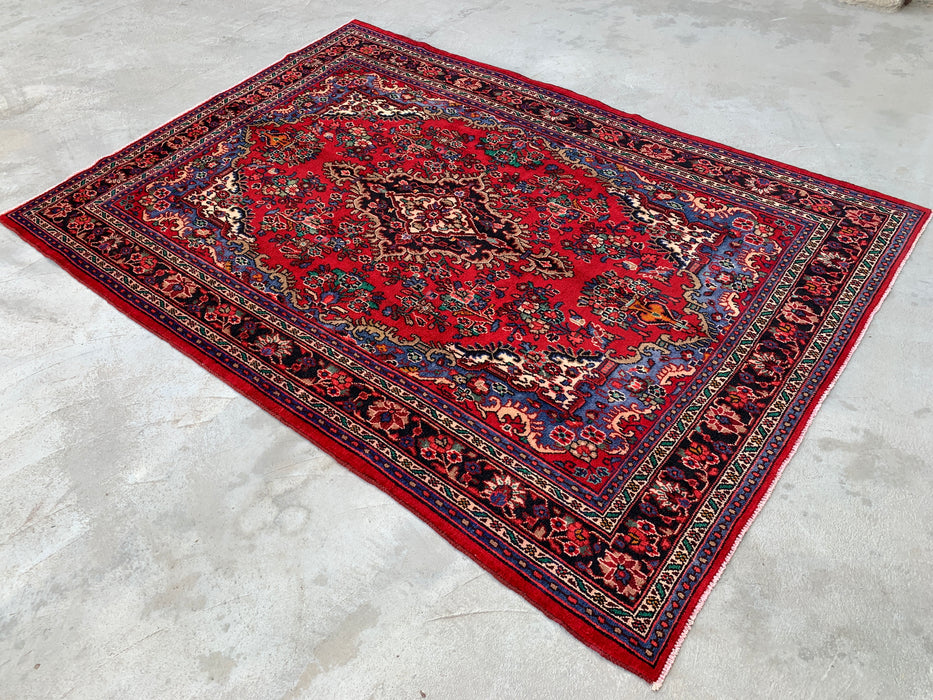 Handmade Persian Wool Area Rug 7x10 - Red, Blue & Ivory Traditional Floral Persian Style Rug - Exact Size 10'2" x 7'0" - KBHM-1179