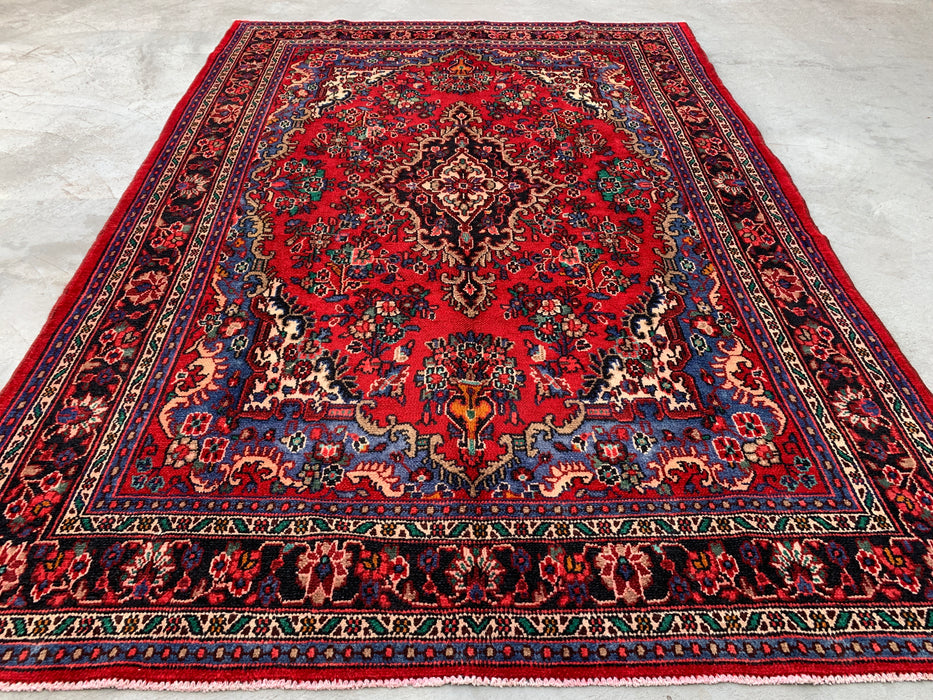 Handmade Persian Wool Area Rug 7x10 - Red, Blue & Ivory Traditional Floral Persian Style Rug - Exact Size 10'2" x 7'0" - KBHM-1179