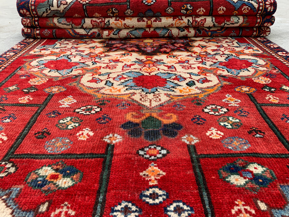 KBHM-1183 Hand-Knotted Persian Wool Runner Rug – 10'0 x 3'3 Red, Ivory & Navy Traditional Floral Runner
