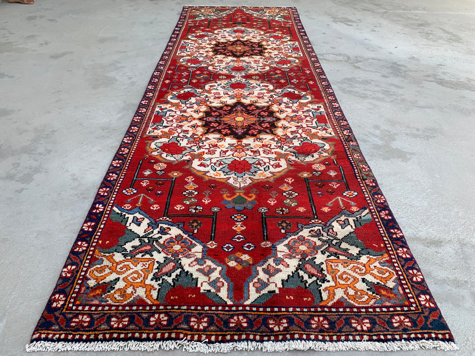 KBHM-1183 Hand-Knotted Persian Wool Runner Rug – 10'0 x 3'3 Red, Ivory & Navy Traditional Floral Runner
