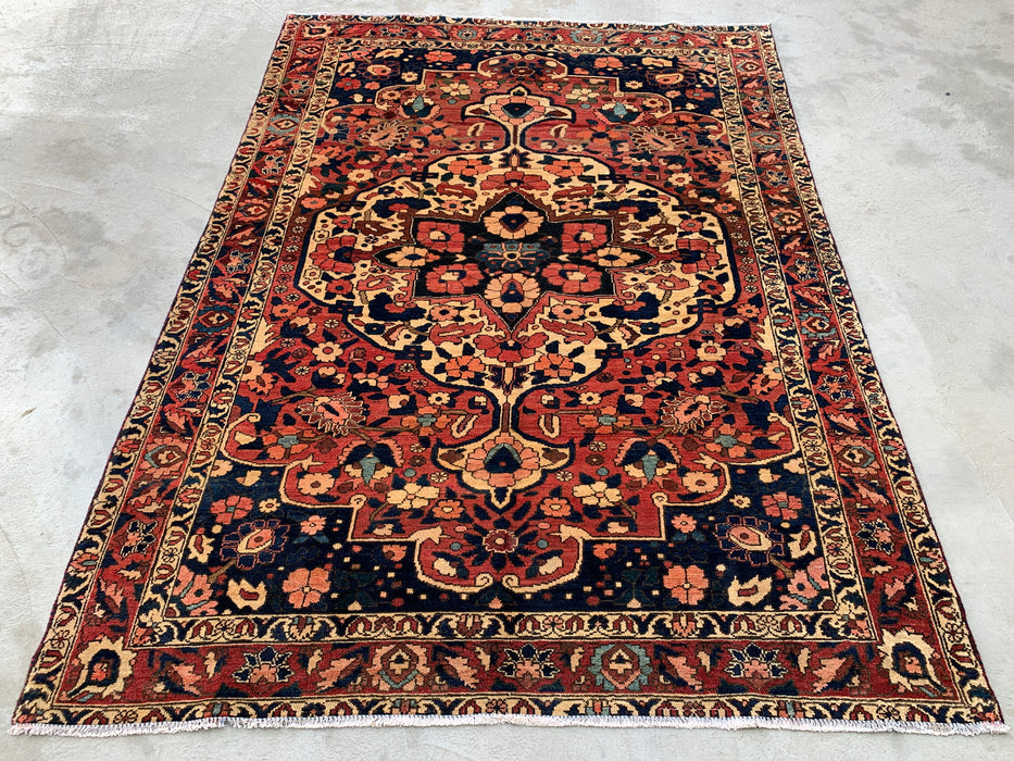 Hand-Knotted Persian Wool Rug 7'4 x 5'6 – Navy, Red & Ivory Floral Medallion Rug – KBHM-1185
