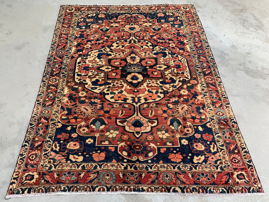 Hand-Knotted Persian Wool Rug 7'4 x 5'6 – Navy, Red & Ivory Floral Medallion Rug – KBHM-1185