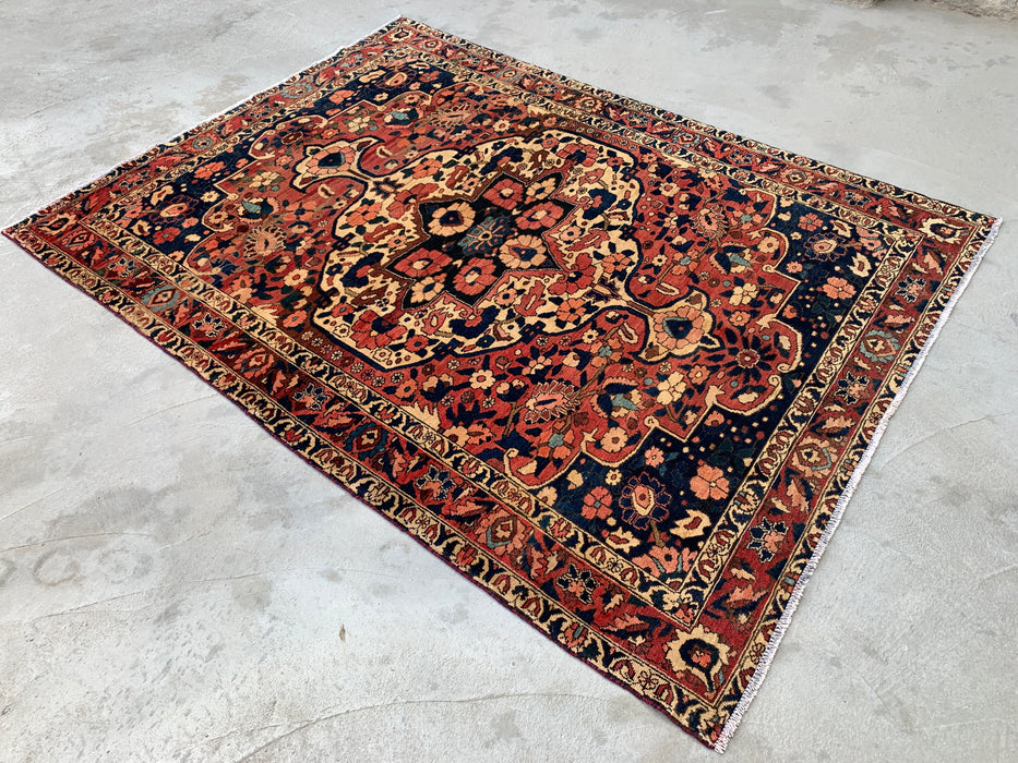 Hand-Knotted Persian Wool Rug 7'4 x 5'6 – Navy, Red & Ivory Floral Medallion Rug – KBHM-1185