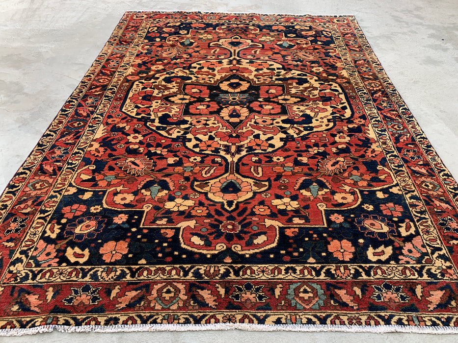 Hand-Knotted Persian Wool Rug 7'4 x 5'6 – Navy, Red & Ivory Floral Medallion Rug – KBHM-1185