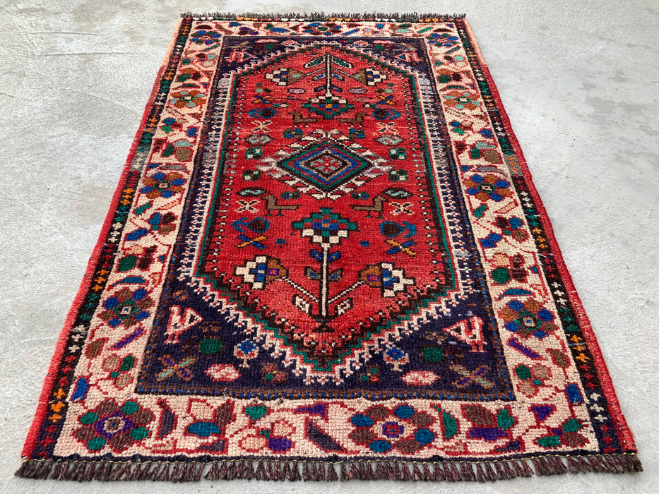 Hand-Knotted Persian Wool Rug 3'7 x 2'6 Red Ivory Tribal Accent Rug - KBHM-1189