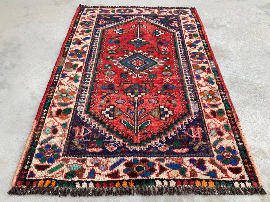 Hand-Knotted Persian Wool Rug 3'7 x 2'6 Red Ivory Tribal Accent Rug - KBHM-1189
