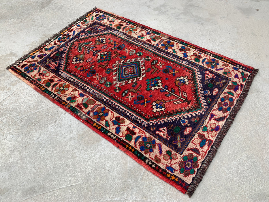 Hand-Knotted Persian Wool Rug 3'7 x 2'6 Red Ivory Tribal Accent Rug - KBHM-1189