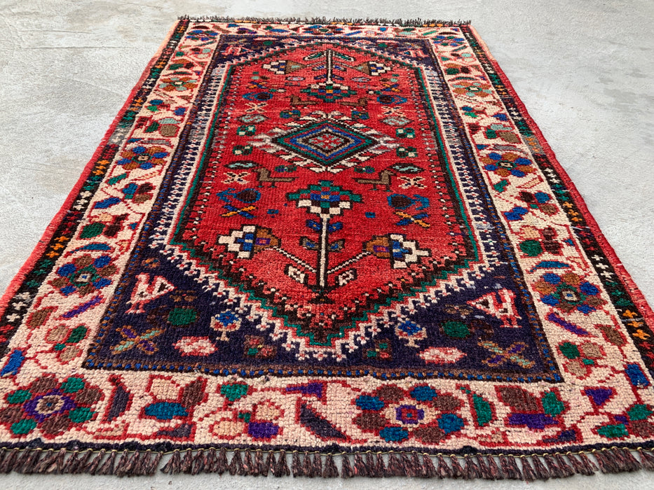 Hand-Knotted Persian Wool Rug 3'7 x 2'6 Red Ivory Tribal Accent Rug - KBHM-1189