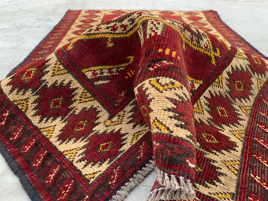 KBHM-1190 Hand-Knotted Persian Wool Rug – 3'5" x 2'2" Red, Ivory & Black Tribal Accent Rug