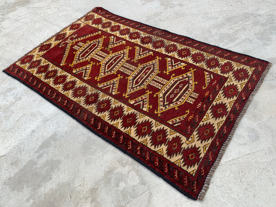 KBHM-1190 Hand-Knotted Persian Wool Rug – 3'5" x 2'2" Red, Ivory & Black Tribal Accent Rug