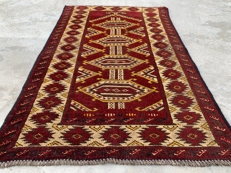 KBHM-1190 Hand-Knotted Persian Wool Rug – 3'5" x 2'2" Red, Ivory & Black Tribal Accent Rug