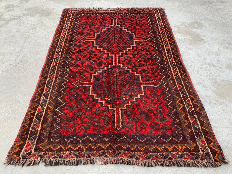 Hand-Knotted Persian Wool Rug 4'2 x 2'6 Red, Brown & Ivory Tribal Accent Rug - KBHM-1193