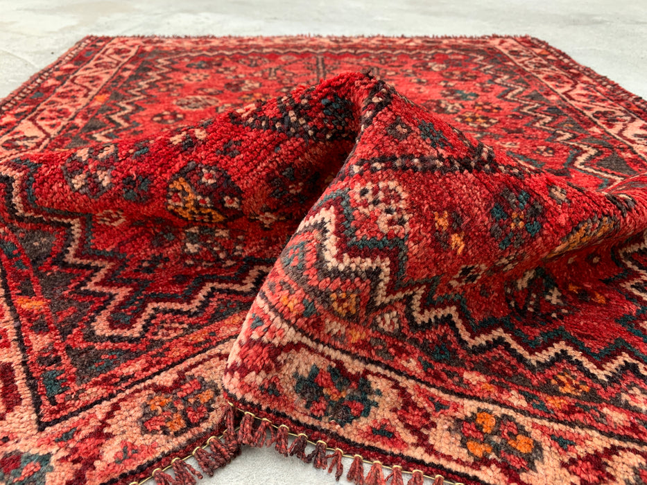 KBHM-1195 Hand-Knotted Persian Wool Rug – 3'8" x 3'1" Red, Ivory & Navy Tribal Accent Rug