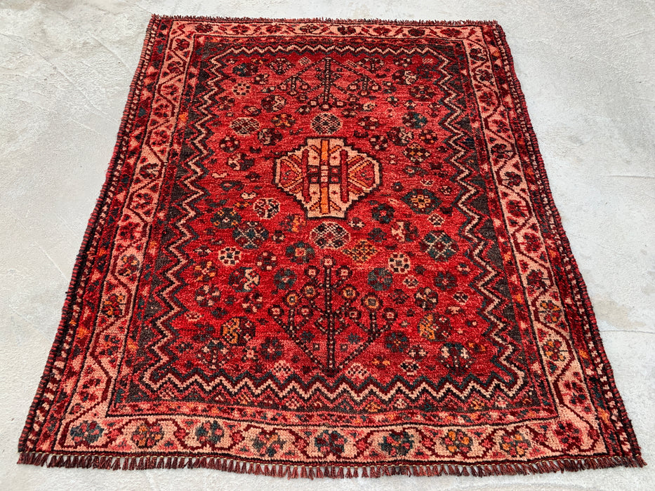 KBHM-1195 Hand-Knotted Persian Wool Rug – 3'8" x 3'1" Red, Ivory & Navy Tribal Accent Rug